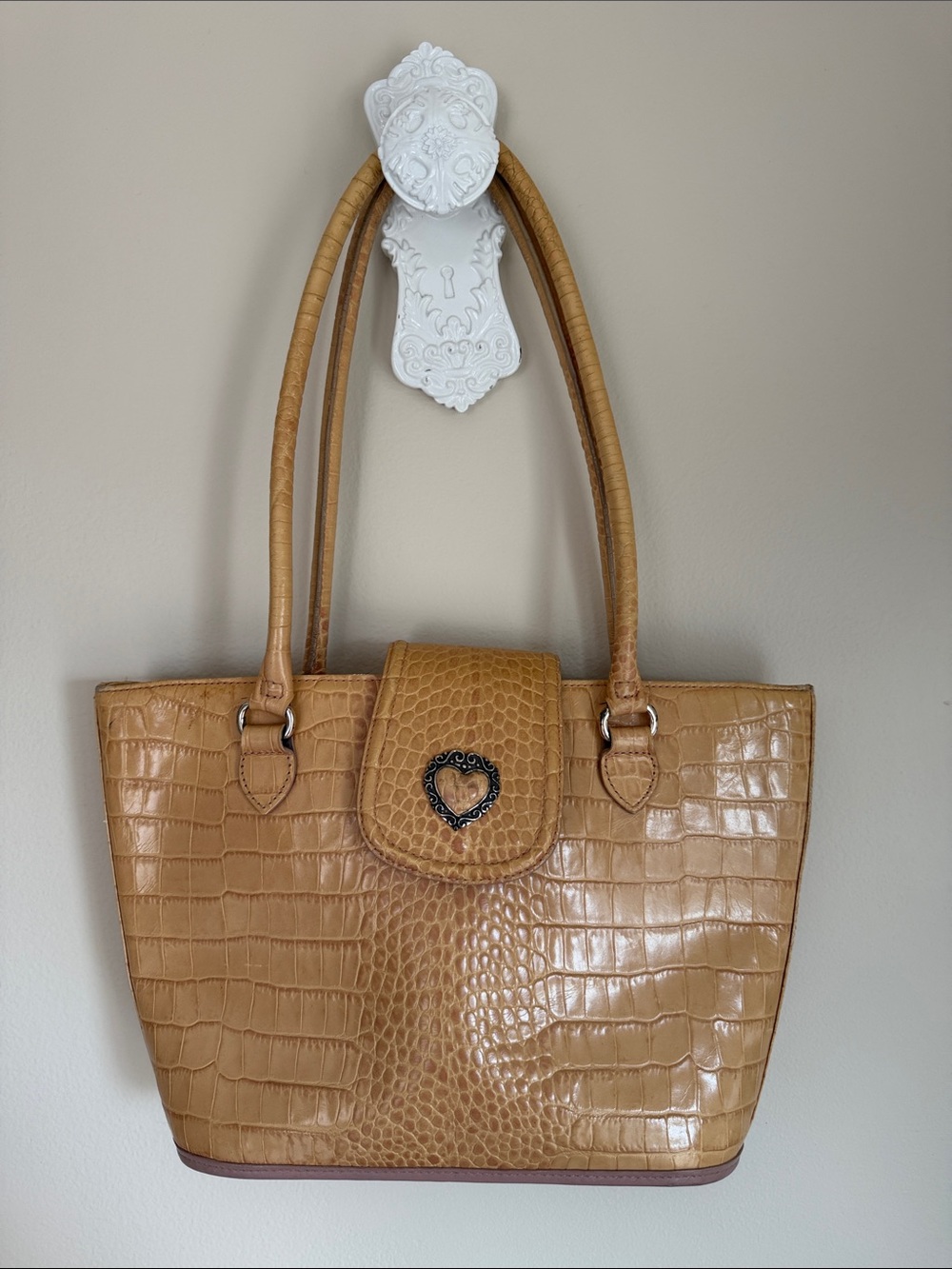 Brighton Tan Croc-Embossed Tote with Heart Medallion